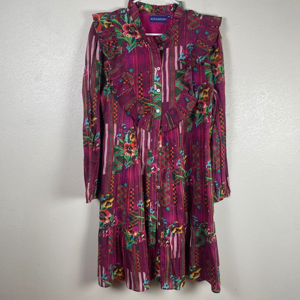 Ros Garden Women Magenta Floral‎ Cotton Ruffle Tiered Button Front Mini Dress M